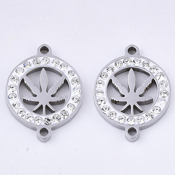 201 Stainless Steel Links connectors, with Polymer Clay Crystal Rhinestone, Flat Round with Hemp Leaf, Stainless Steel Color, 20x15x2.5mm, Hole: 1.6mm