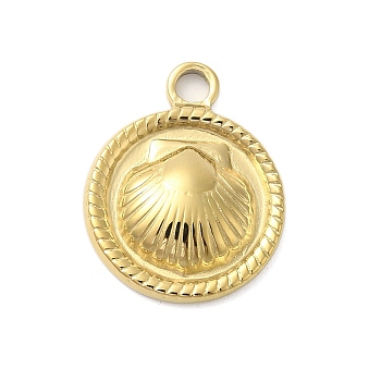 304 Stainless Steel Pendants, Flat Round with Shell Shape Charm, Golden, 18.5x15x3mm, Hole: 2.5mm