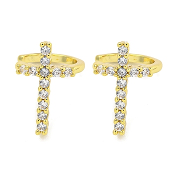 Brass Micro Pave Cubic Zirconia Cuff Earrings, Cross, Real 18K Gold Plated, 12.5x16.5mm