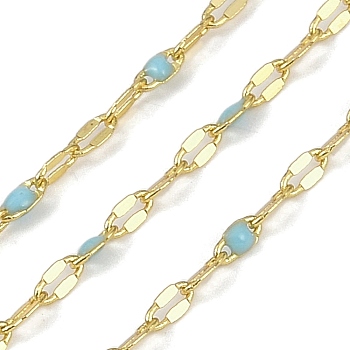 Rack Plating Brass Dapped Chains, with Enamel, with Spool, Soldered Lead Free & Cadmium Free, Real 18K Gold Plated, Sky Blue, 4x2x1mm