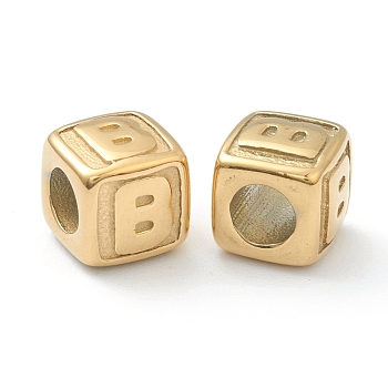 304 Stainless Steel European Beads, Large Hole Beads, Horizontal Hole, Cube with Letter, Golden, Letter.B, 8x8x8mm, Hole: 4mm