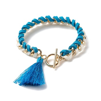 Polyester Tassel Charm Bracelet for Teen Girl Women, Faux Suede Cord Bracelet, 304 Stainless Steel Chain Bracelet, Golden, Dodger Blue, 7-1/4 inch(18.5cm)