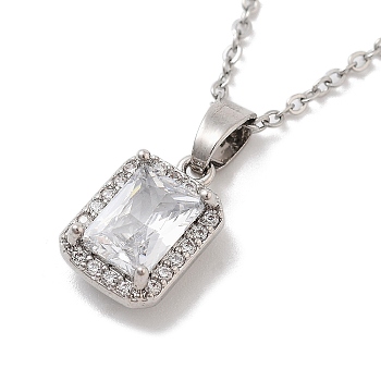 201 Stainless Steel Cable Chain Necklaces, Brass Clear Cubic Zirconia Rectangle Pendant Necklaces, Stainless Steel Color, 15.67 inch(39.8cm)