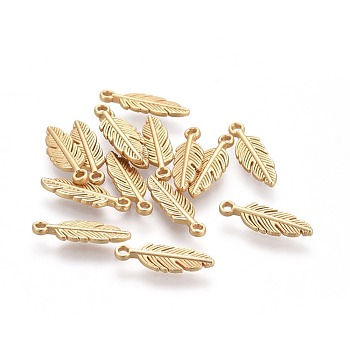 Tibetan Style Alloy Charms, Feather, Lead Free & Nickel Free & Cadmium Free, Real 18K Gold Plated, Matte Gold Color, 15x5x1.5mm, Hole: 1mm