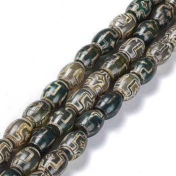 Tibetan Style dZi Beads Strands, Natural Agate Beads, Dyed & Heated, Oval, Cross Pattern, 13~14x9.5~10mm, Hole: 1.2mm, about 25pcs/strand, 13.39''(34cm)