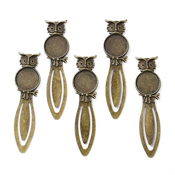 Iron Bookmark Cabochon Settings, Cadmium Free & Nickel Free & Lead Free, with Alloy Tray, Flat Round with Owl, Antique Bronze, 88x23x4mm, Tray: 20mm