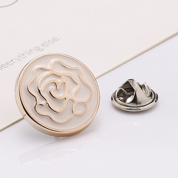 Plastic Brooch, Alloy Pin, with Enamel, for Garment Accessories, Round with Flower, Snow, 18mm