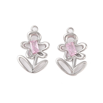 Brass Glass Pendants, Flower Charm, Platinum, Lavender Blush, 19x12x2.5mm, Hole: 1.2mm