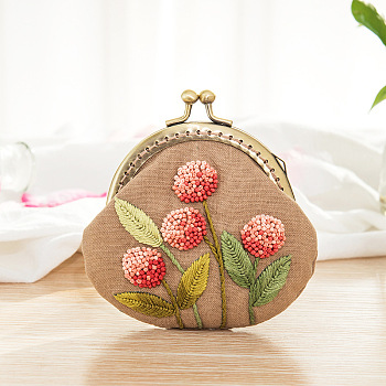 DIY Kiss Lock Coin Purse Embroidery Kit, Including Embroidered Fabric, Embroidery Needles & Thread, Metal Purse Handle, Flower Pattern, 95x110mm