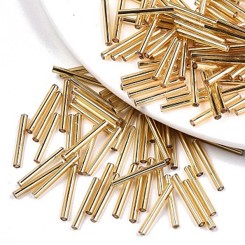 Electroplate Glass Bugle Beads, Round Hole, Metallic Colours, Golden Plated, 20x2.5mm, Hole: 1mm, about 2250pcs/bag