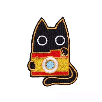 Cat & Camera Cartoon Appliques, Embroidery Iron on Cloth Patches, Sewing Craft Decoration, Gold, 44x62mm