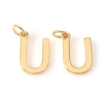 Brass Charms, with Jump Rings, Letter, Real 18K Gold Plated, Letter.U, U: 9.5x6.5x1mm, Hole: 2.5mm