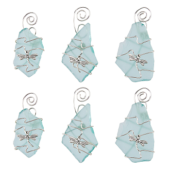 Glass Big Pendants, with Zinc Alloy Finding and Copper Wire Wrapped, Nugget with Dragonfly Charms, Medium Aquamarine, 57~65x28~48x4.5~7mm, Hole: 3~4mm