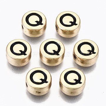 Alloy Enamel Beads, Cadmium Free & Lead Free, Flat Round with Initial Letters, Light Gold, Black, Letter.Q, 8x4mm, Hole: 1.5mm(X-ENAM-S122-029Q-RS)