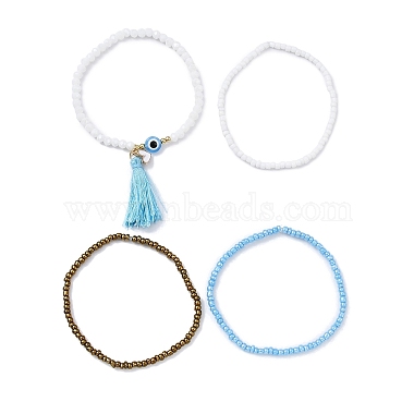 4Pcs 4 Style Glass Seed & Resin Evil Eye Beaded Stretch Bracelets Set(BJEW-JB09896-02)-3