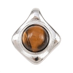 Natural Tiger Eye Pendants, Rhombus Charms, with 304 Stainless Steel Settings, Stainless Steel Color, 22x19x8mm, Hole: 5x3.5mm(STAS-P434-02P)