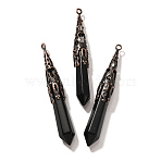 Natural Obsidian Pointed Big Pendants, Faceted Bullet Charms with Brass Findings, Red Copper, Cadmium Free & Lead Free, 77~84x12mm, Hole: 2.5mm(G-P560-02R-06)