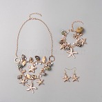 Iron Starfish & Natural Shell & Plastic Pearl Charm Bracelet & Dangle Earrings & Bib Necklaces Set, Ocean Theme Jewelry Set for Women, Rose Gold, 530mm, 202mm, 51.5x27.5mm(SJEW-WH0011-02RG)
