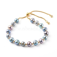 Potato Natural Pearl Slide Bracelets, Bolo Bracelets, with 304 Stainless Steel Box Chains, Golden, Prussian Blue, Inner Diameter: 1-7/8~3-1/8 inch(4.8~7.8cm)(BJEW-JB06260-01)