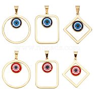 6Pcs 6 Styles Vacuum Plating Evil Eye 304 Stainless Steel Resin Pendants, with 201 Stainless Steel Snap on Bail, Go lden, Rhombus & Ring & Rectangle, Mixed Shapes, Mixed Color, 36~37.5x28~33.5x4~4.5mm, Hole: 9x4.5mm, 1pc/style(STAS-UN0042-19)