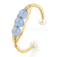 Natural Aquamarine Braided Oval Open Cuff Ring with Pearl Beaded, Brass Wire Wrapped Jewelry for Women, Real 14K Gold Plated, US Size 9 3/4(19.5mm)(RJEW-T026-11G)