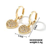 Elegant Japanese Style Copper & Zircon & Diamond Hoop Earrings, Fashionable and Versatile Accessories, Golden, Heart, 26x11mm(HY8842-3)