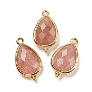 Natural Strawberry Quartz Faceted Pendants, Rack Plating Golden Plated Brass Teardrop Charms, 21x12x5mm, Hole: 1.6mm(G-M431-15G-11)