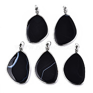 Natural Black Agate Big Pendants, Platinum Tone Iron Edge and Loop, Oval, 75x43x7mm, Hole: 7mm(G-T131-117)