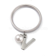 Dual-use Items, 304 Stainless Steel Finger Rings or Pendants, with Plastic Round Beads, Stainless Steel Color, White, Letter.V, US Size 5~9(15.7~18.9mm)(RJEW-O045-21-PV)