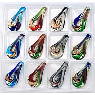 Handmade Silver Foil Glass Big Pendants, with Gold Sand, Leaf, Mixed Color, Size: 58mm long, 30mm wide, 11mm thick, hole: 7mm, about 12pcs/box(X-FOIL-58X30)