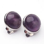 Natural Amethyst Brass Clip-on Earrings, Flat Round, Purple, 14x10mm(EJEW-A051-B006)