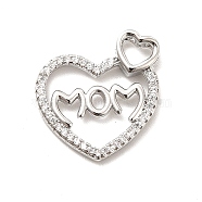 Rack Plating Brass Micro Pave Cubic Zirconia Pendants, Heart with Word MOM Charm for Mother's Day, Long-Lasting Plated, Cadmium Free & Lead Free, Real Platinum Plated, 16x15x3mm, Hole: 3x3.5mm(KK-K270-28P)