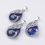 Natural Lapis Lazuli Pendants, with Brass Finding, Teardrop with Peacock, Platinum, 33x20x10.5mm, Hole: 5x6.5mm(G-E442-04Q)