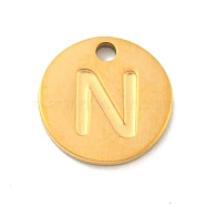 Ion Plating(IP) 304 Stainless Steel Pendants, Laser Cut, Flat Round with Letter Charm, Golden, Letter N, 10x1mm, Hole: 1.4mm(FIND-M017-02G-N)