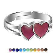 Enamel Double Heart Mood Ring, Temperature Change Color Emotion Feeling Alloy Adjustable Ring for Women, Platinum, US Size 6 1/2(16.9mm)(HEAR-PW0001-096I)