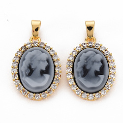 Brass Lilac Cubic Zirconia Pendants, with Cameo Resin, Nickel Free, Oval, Gray, 20x14x4mm, Hole: 4x2.5mm(KK-N233-121F-NF)