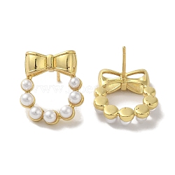 Rack Plating Brass Studs Earrings, with Plastic Beads, Long-Lasting Plated, Lead Free & Cadmium Free, Bowknot, Real 18K Gold Plated, 17x4.5mm(EJEW-R162-37G)