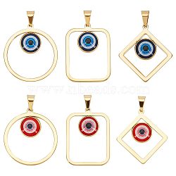 6Pcs 6 Styles Vacuum Plating Evil Eye 304 Stainless Steel Resin Pendants, with 201 Stainless Steel Snap on Bail, Go lden, Rhombus & Ring & Rectangle, Mixed Shapes, Mixed Color, 36~37.5x28~33.5x4~4.5mm, Hole: 9x4.5mm, 1pc/style(STAS-UN0042-19)