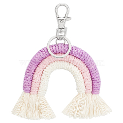 Cotton Rope Rainbow Tassel Keychain, with Platinum Tone Iron and Alloy Findings, Rainbow, Purple, 11~12.5cm(AJEW-WH0250-60P)