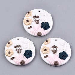 Handmade Polymer Clay Pendants, Flat Round with Flower, Floral White, 33x6mm, Hole: 2mm(CLAY-N010-020A)