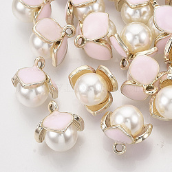 Alloy Enamel Pendants, with ABS Imitation Pearl Beads, Light Gold, Flower, Pink, 15x15.5x10x12mm, Hole: 1.8mm(X-FIND-N048-019A)