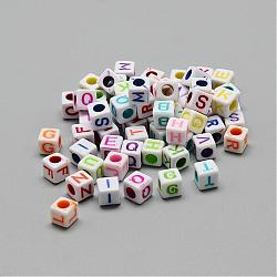 Opaque Acrylic Beads, Horizontal Hole, Cube with Letters, Mixed Color, 5.5~6x5.5~6x5.5~6mm, Hole: 3.5mm, about 3000pcs/500g(SACR-S297-04-6x6mm)