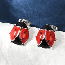 Brass Enamel Stud Earrings for Women, Ladybug, Platinum, 10x9.5mm(EJEW-A126-04P)