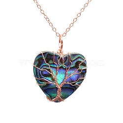 Tree Of Life Wire Wrapped Peach Heart Abalone Shell Shape Stone Pendant Necklaces, Light Gold, 19.69 inch(50cm)(PW-WG93713-06)