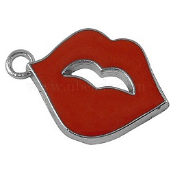 Platinum Plated Alloy Enamel Red Lip Pendants, Size: about 26mm long, 18mm wide, 2mm thick, hole: 2mm(X-ENAM-26X18)