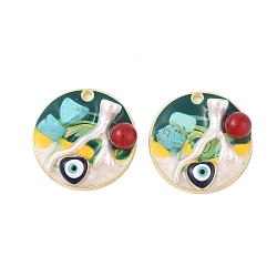 Rack Plating Alloy Enamel Pendants, with Resin & ABS Imitation Pearl Beads & Synthetic Turquoise, Cadmium Free & Nickel Free & Lead Free, Golden, Flat Round with Heart & Evil Eye, Dark Green, 30x8.5mm, Hole: 1.9mm(FIND-Z062-01G-03)