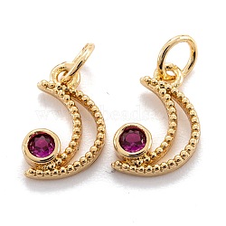 Real 18K Gold Plated Brass Micro Pave Cubic Zirconia Charms, with Jump Ring, Long-Lasting Plated, Moon, Deep Pink, 12x7.5x2.5mm, Jump Ring: 5x0.7mm, 3.6mm inner diameter(ZIRC-M114-52G-06)