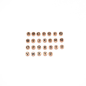 Alloy Enamel Beads, Flat Round with Alphabet, Light Gold, Black, 8x4mm, Hole: 1.6mm, 26pcs/set