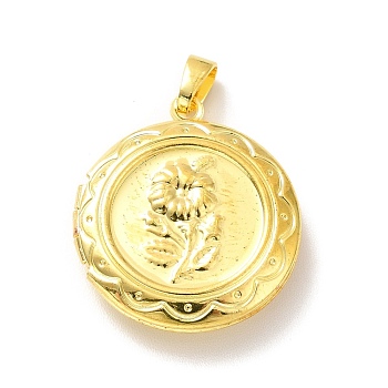 Rack Plating Brass Locket Pendants, Flat Round with Flower, Golden, 23x20x5mm, Hole: 5x3mm, Inner Diameter: 14mm