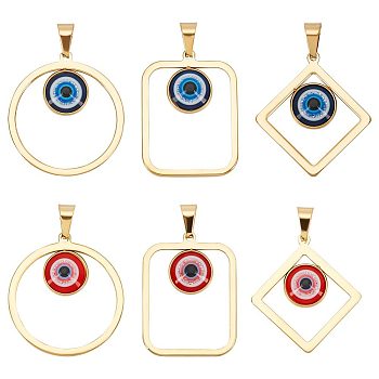 6Pcs 6 Styles Vacuum Plating Evil Eye 304 Stainless Steel Resin Pendants, with 201 Stainless Steel Snap on Bail, Go lden, Rhombus & Ring & Rectangle, Mixed Shapes, Mixed Color, 36~37.5x28~33.5x4~4.5mm, Hole: 9x4.5mm, 1pc/style